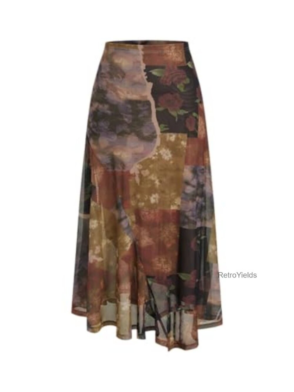 Floral Mesh Maxi Asymmetrical Long Western Skirt | Mid Waist Patchwork Boho